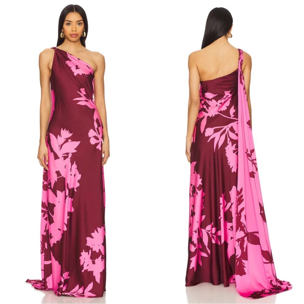 HEMANT AND NANDITA Tehr Floral One Shoulder Draped Magenta Maxi Dress Size XL